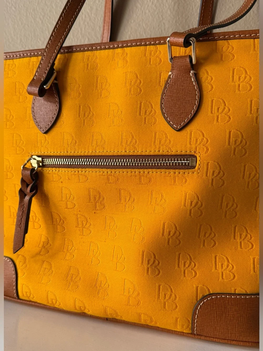 Dooney & Bourke Purse Marigold Yellow Gold Tote Bag Brown Leather Trim Red NWOT